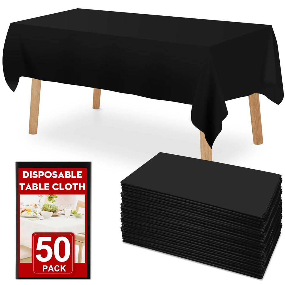 RowinsyDD black disposable tablecloth 54x108 inches on a rectangle table for easy cleanup.