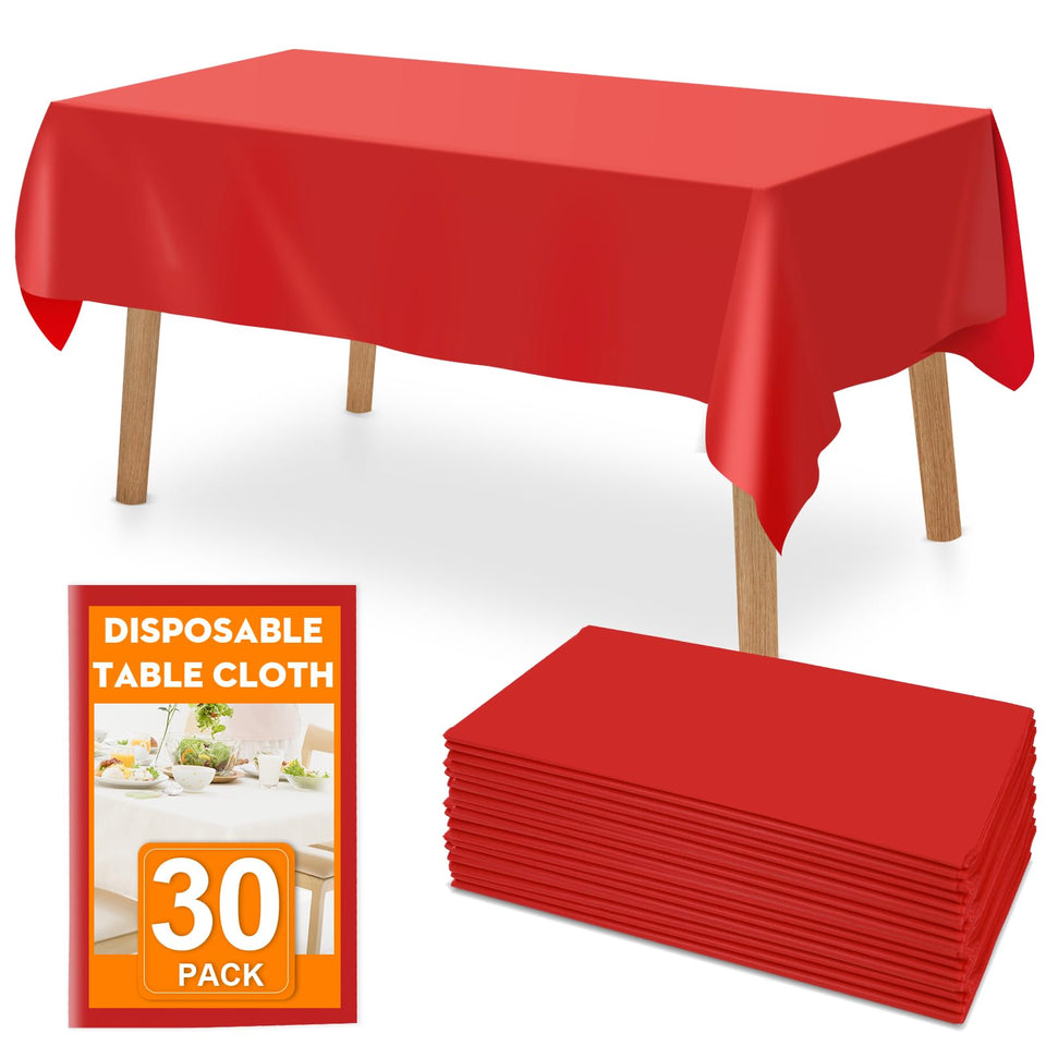 RowinsyDD red disposable tablecloth 54x108 on dining table, waterproof and stain resistant.