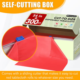 RowinsyDD red disposable table cover being cut to size for an eight-foot table