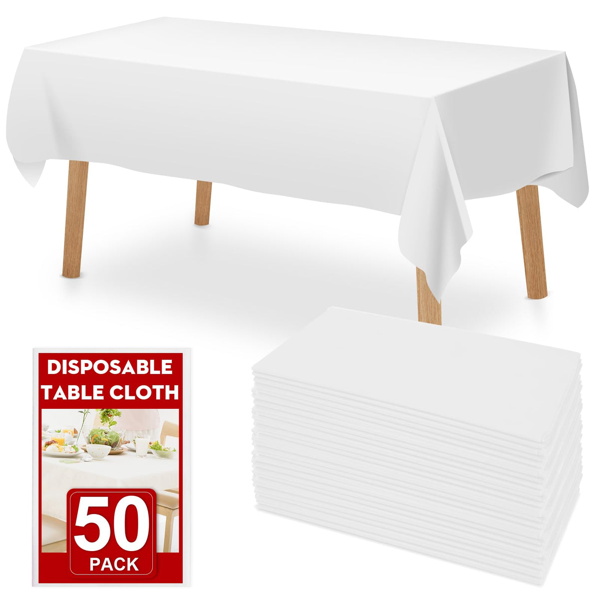 RowinsyDD white disposable tablecloth unfurled on a dining table for mess-free meals.