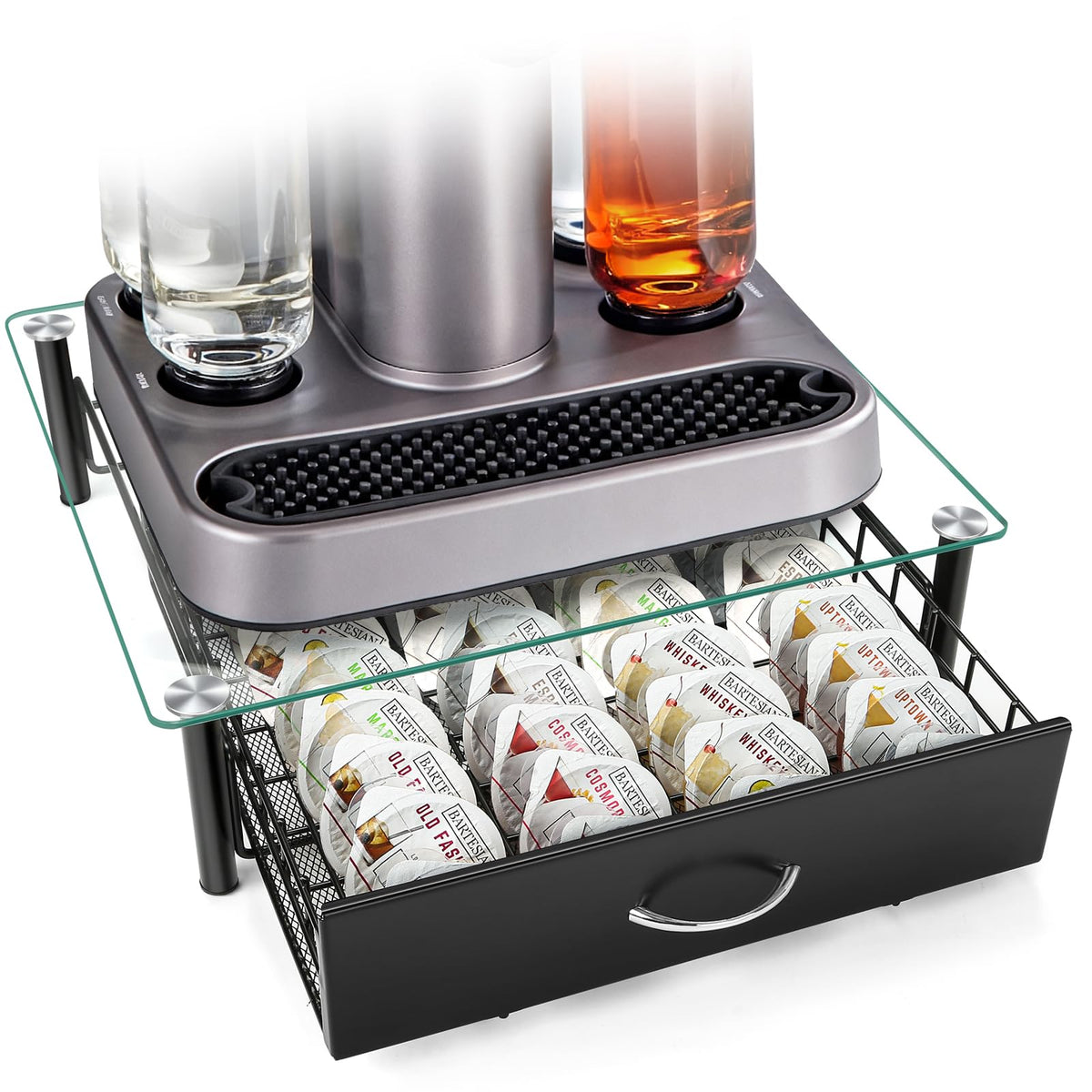 ROWISE Cocktail Storage Drawer under Bartesian keeps pods within easy reach.