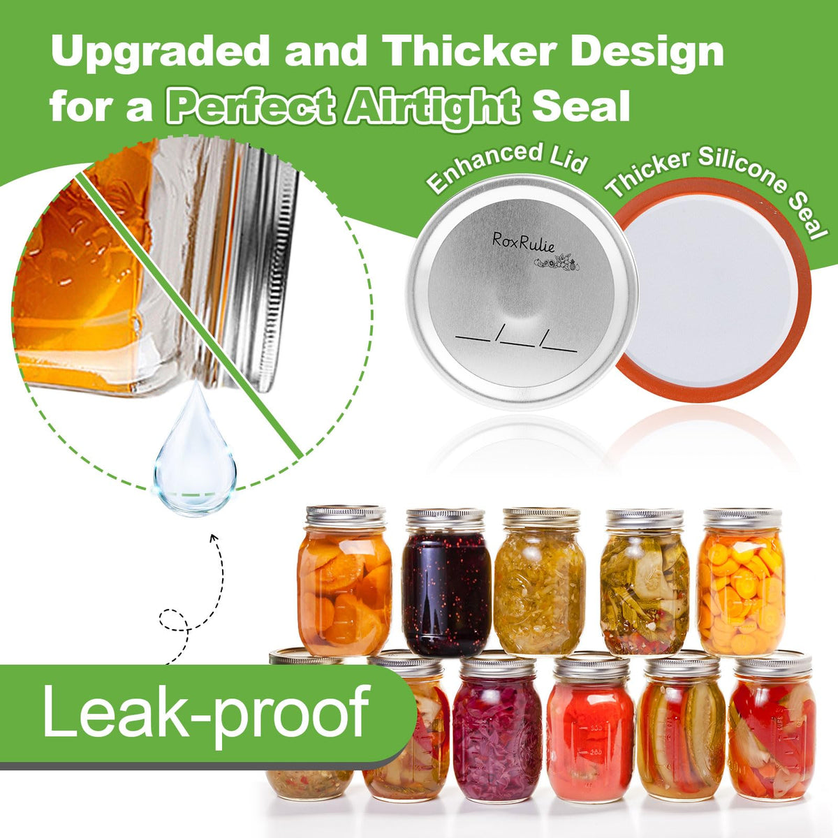 Close-up of RoxRulie lids illustrating airtight, leak-proof design