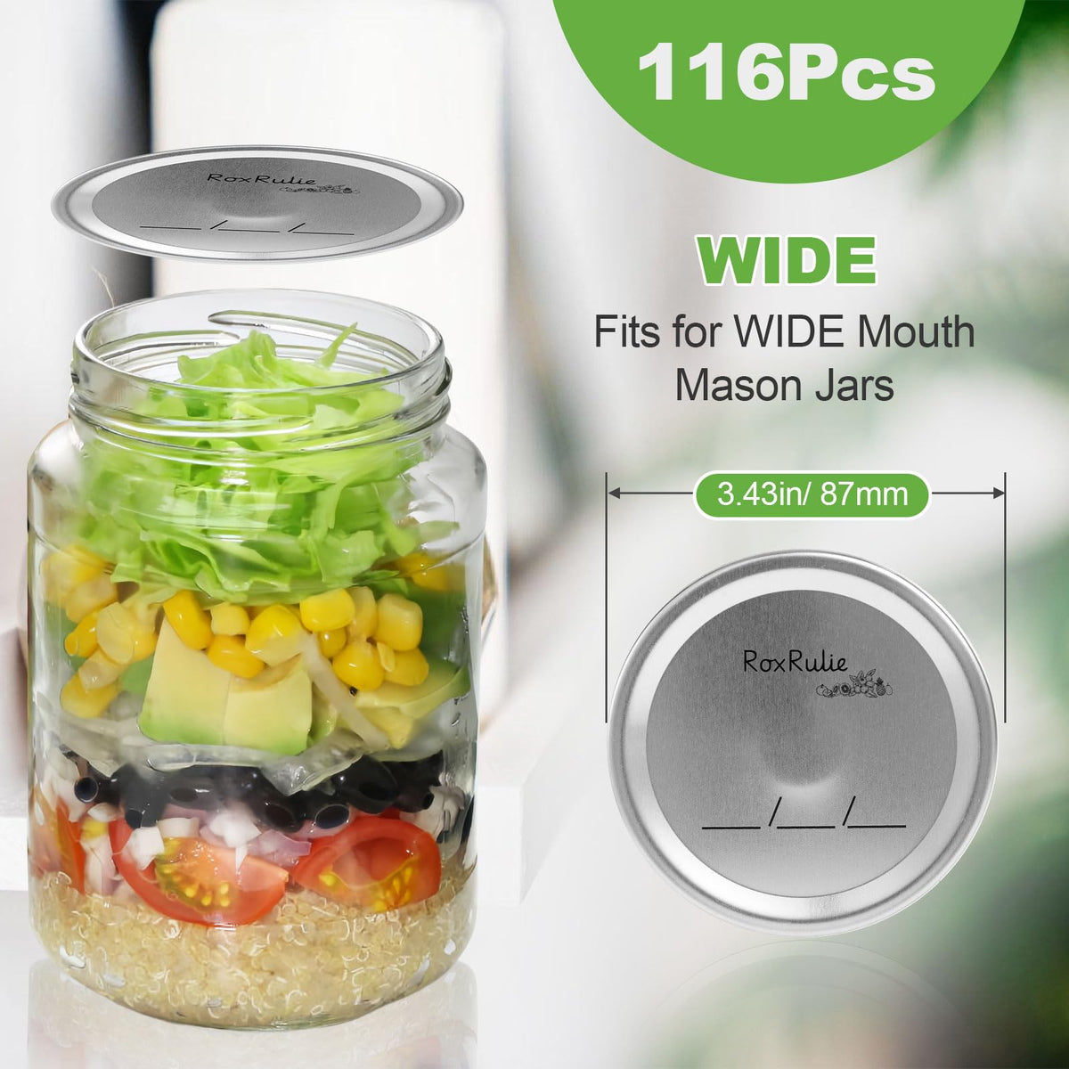 RoxRulie lids fitting Ball and Kerr wide-mouth jars for secure sealing