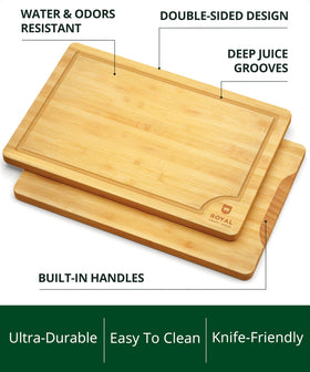 ROYAL CRAFT WOOD cutting board shows a deep juice groove for liquids.