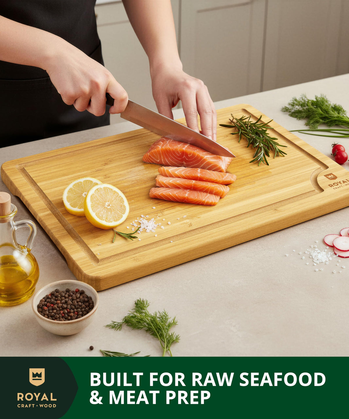 ROYAL CRAFT WOOD reversible board for prep and presentation.