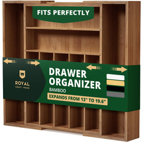 ROYAL CRAFT WOOD bamboo drawer organizer close-up showing expandable compartments for flexible storage.