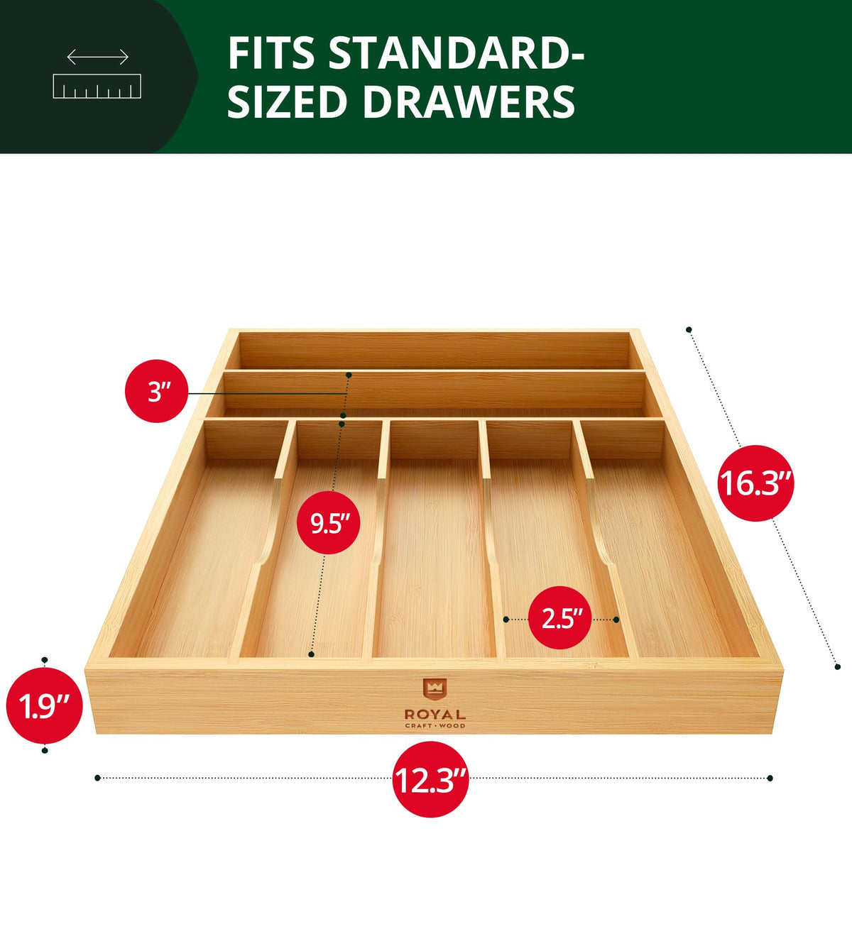 ROYAL CRAFT WOOD drawer organizer open to show deep utensil grooves.
