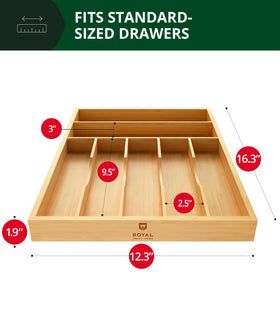 ROYAL CRAFT WOOD drawer organizer open to show deep utensil grooves.