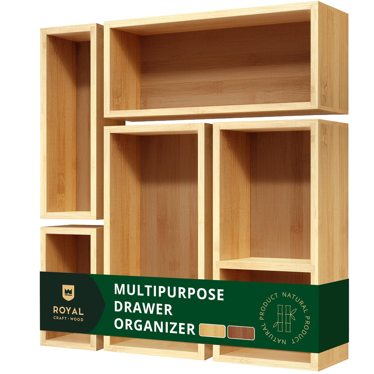 ROYAL CRAFT WOOD bamboo drawer organizer set shows five boxes in a deep drawer for neat organization.