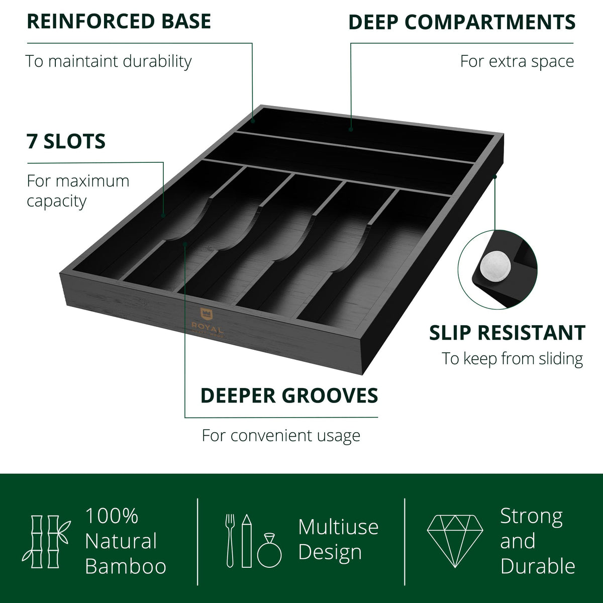 Royal Craft Wood bamboo silverware tray fits standard drawers and maximizes space.