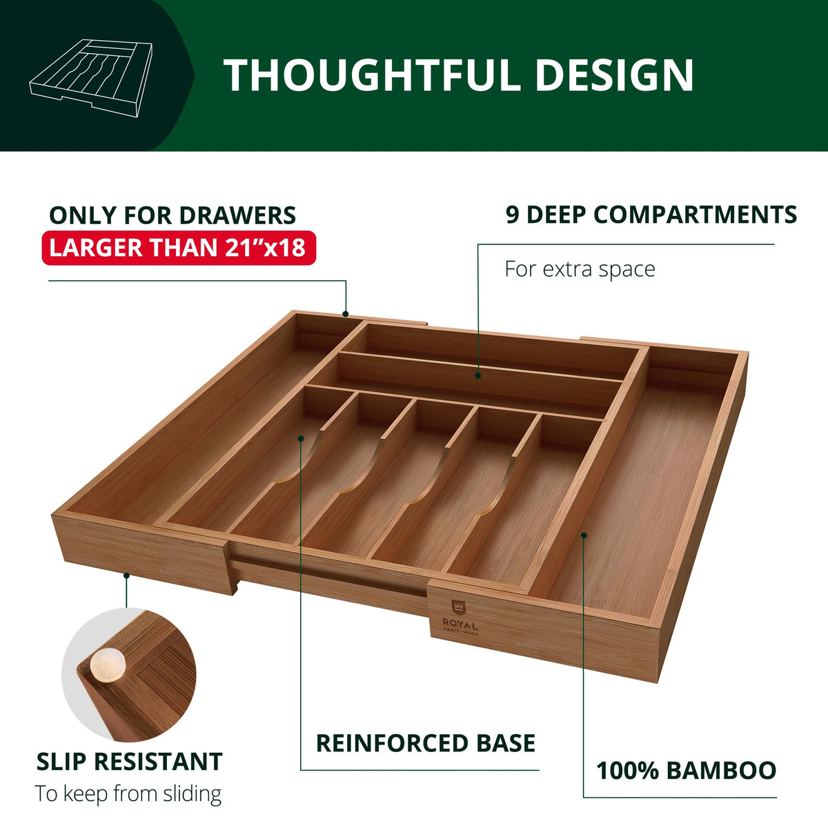 ROYAL CRAFT WOOD brown bamboo kitchen organizer shown in a tidy drawer.