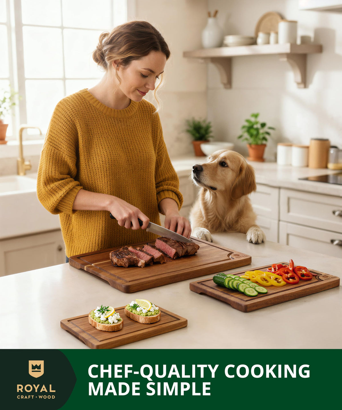 Royal Craft Wood charcuterie board shows rich grain for elegant presentation.