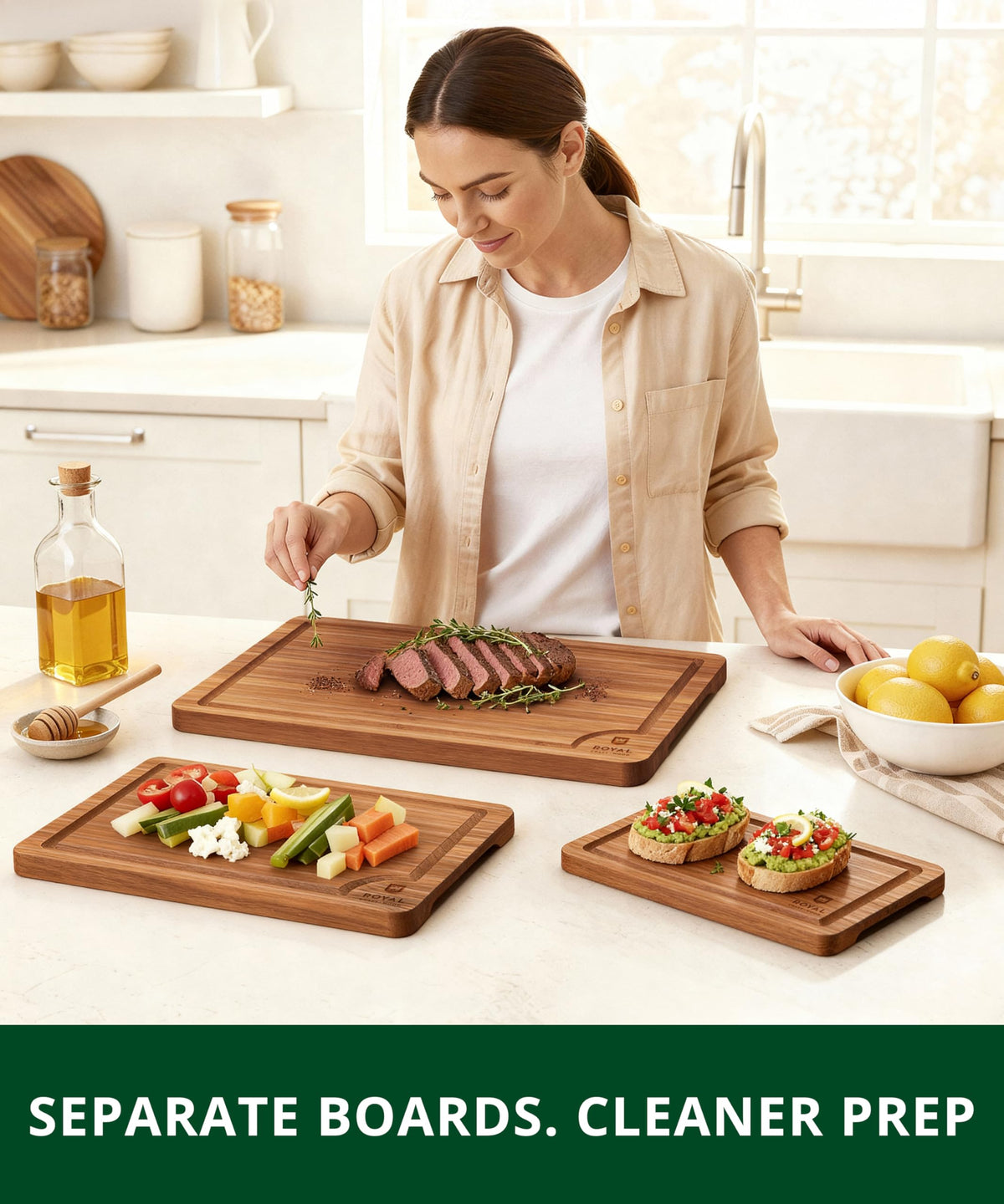 ROYAL CRAFT WOOD bamboo board with side handles for easy serving.