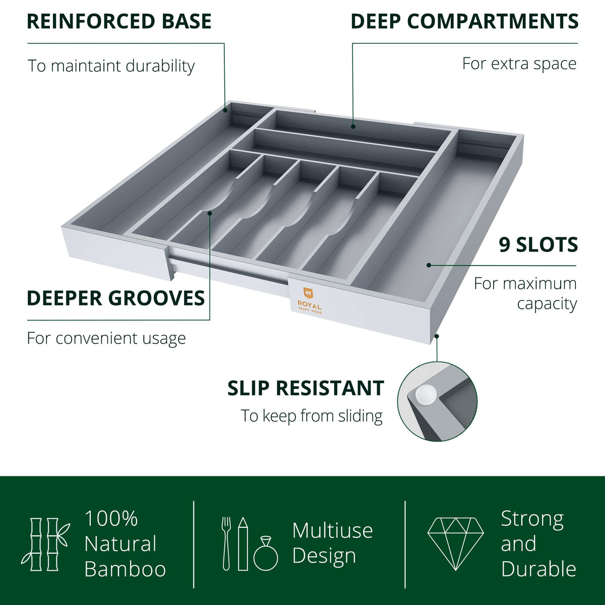 ROYAL CRAFT WOOD grooved dividers keep items from sliding in the drawer