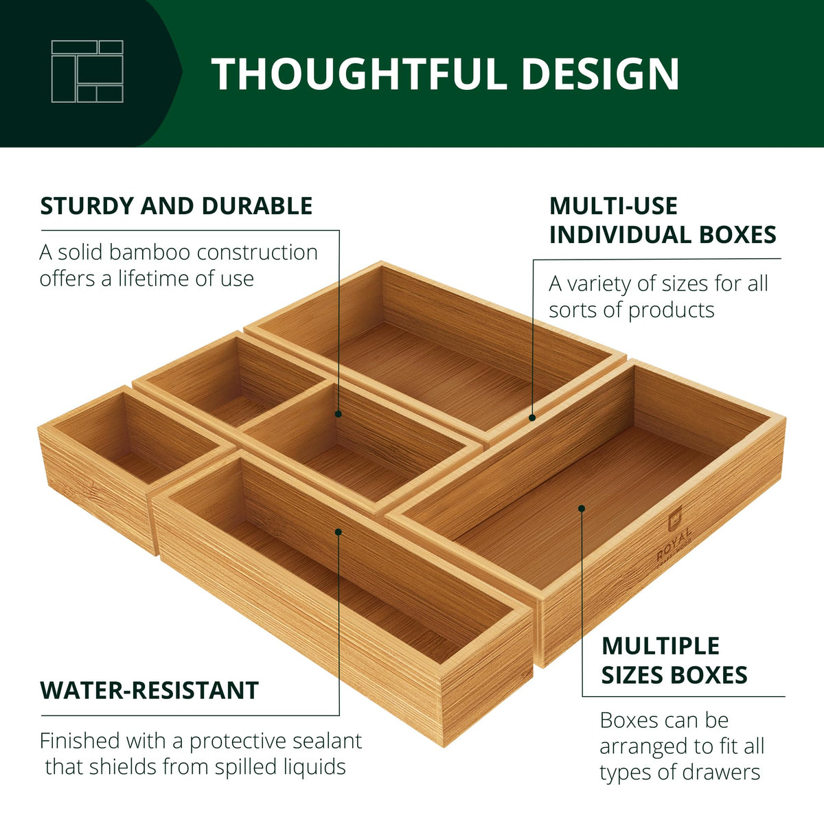 Drawer layout with five boxes maximizing space and organization