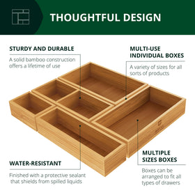 Drawer layout with five boxes maximizing space and organization