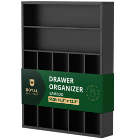 Royal Craft Wood 7-slot black drawer organizer with grooved dividers keeps cutlery neat.