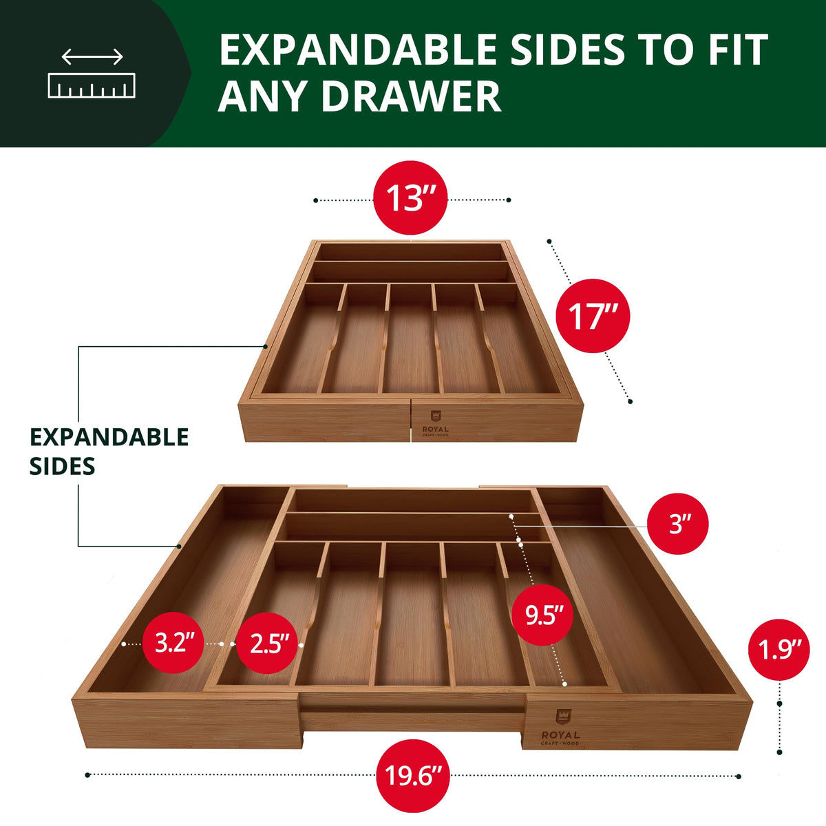 ROYAL CRAFT WOOD expandable drawer organizer demonstrates wider drawers for more utensils.