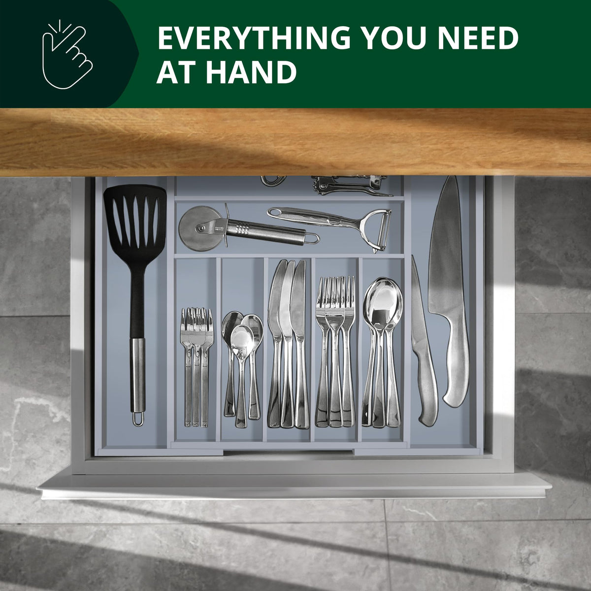 ROYAL CRAFT WOOD expandable drawer setup neatly organized in the drawer