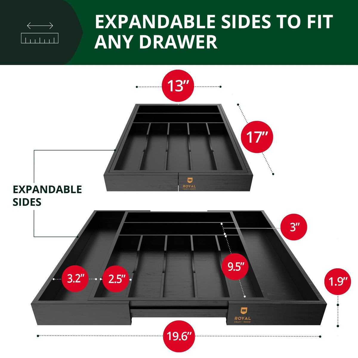 Royal Craft Wood expandable silverware tray in black keeps flatware within easy reach