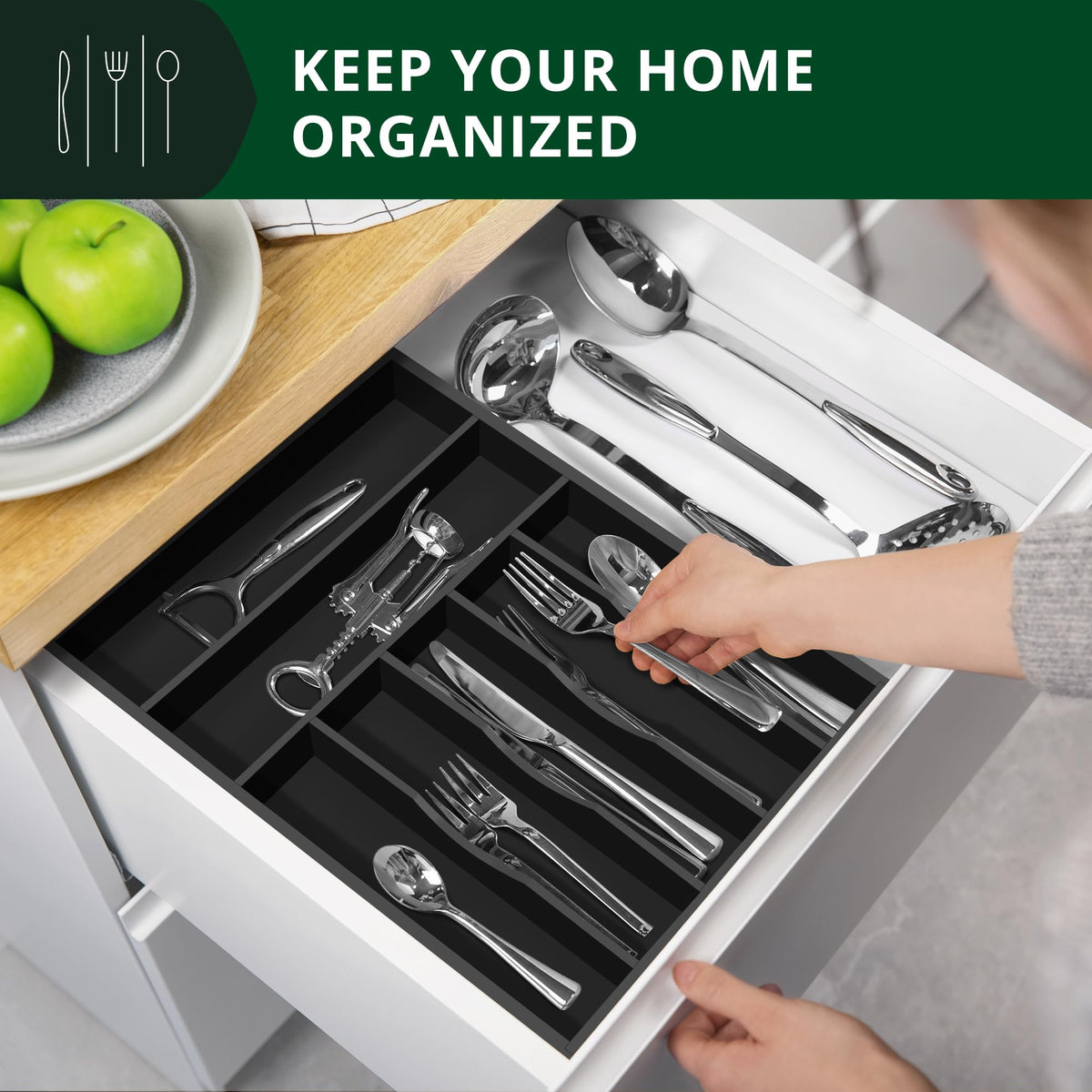 Royal Craft Wood grooved drawer dividers stabilize utensils for easy access.