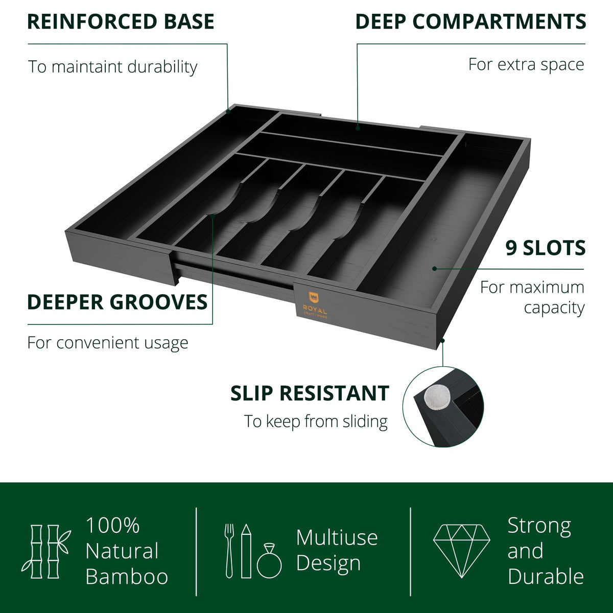 Royal Craft Wood grooved dividers create neat sections for utensils and kitchen tools