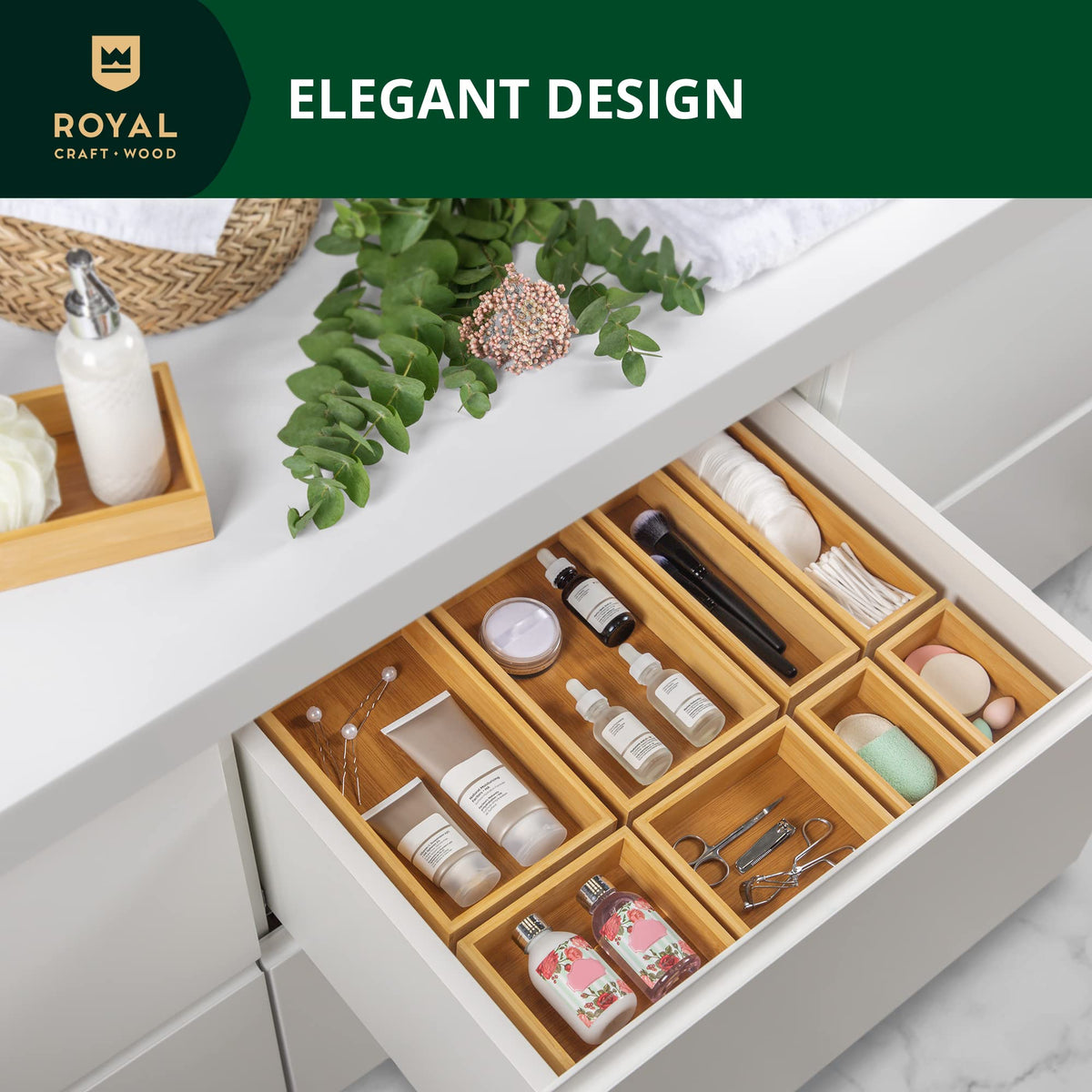 ROYAL CRAFT WOOD kitchen drawer declutter trays simplify cables, batteries, and tools.