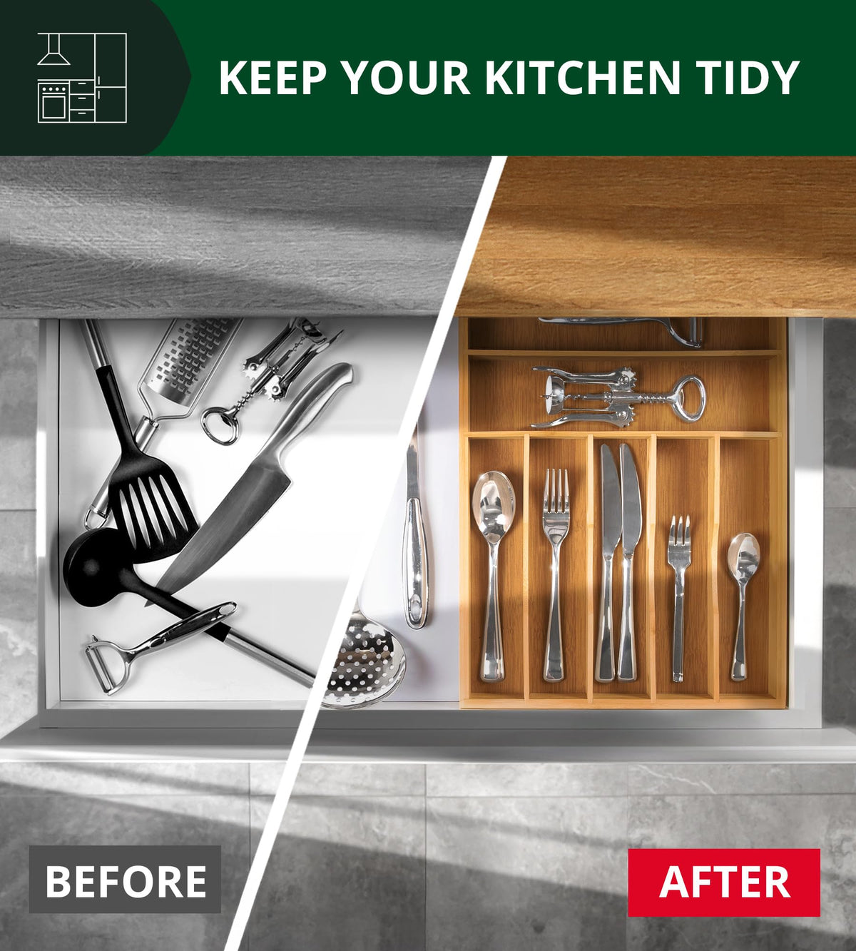 Kitchen drawer organized with the 7-slot ROYAL CRAFT WOOD tray.