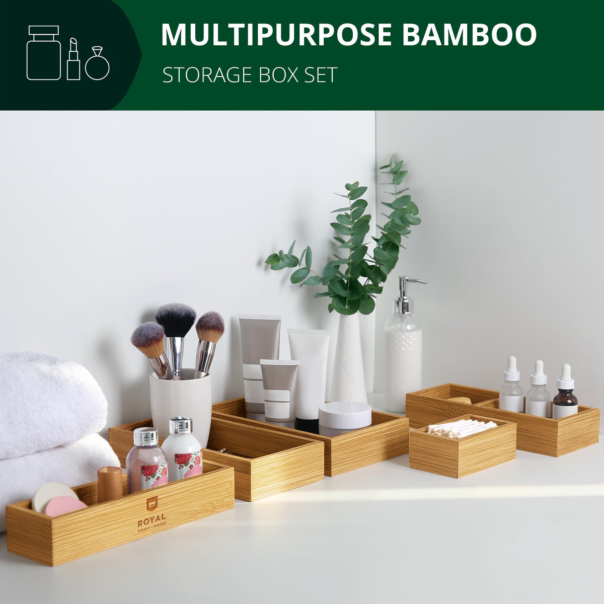 Makeup and jewelry neatly organized in ROYAL CRAFT WOOD trays