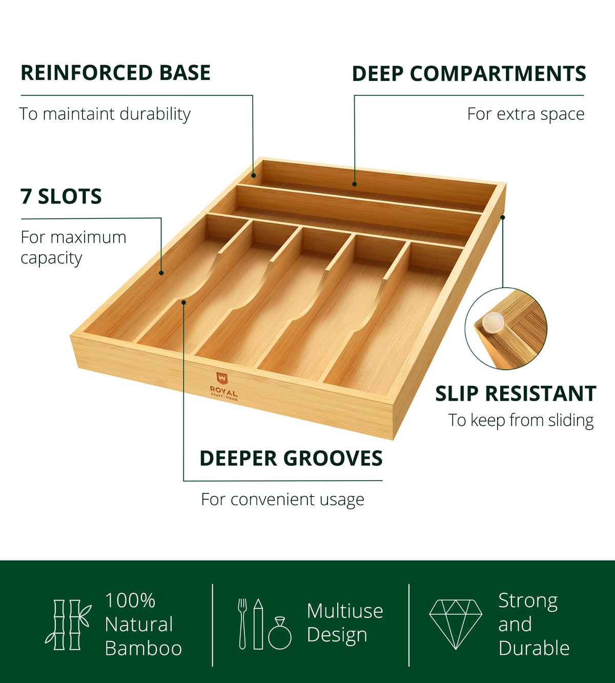 Reinforced base supports heavy cutlery in bamboo tray.