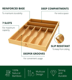 Reinforced base supports heavy cutlery in bamboo tray.