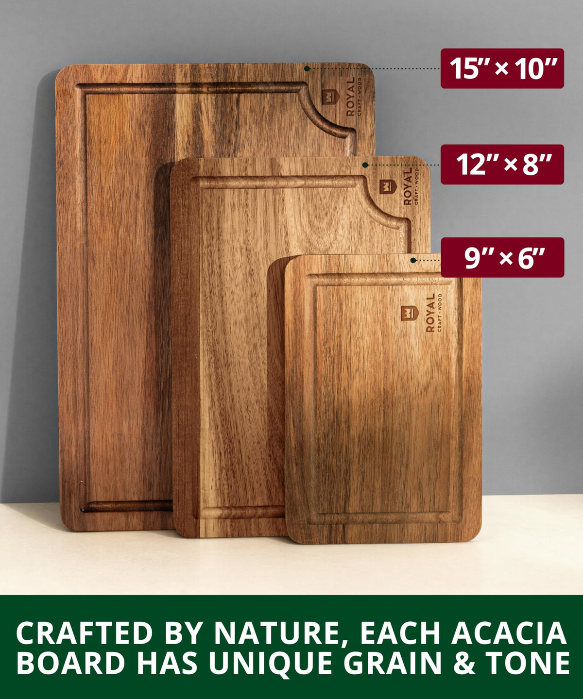 Royal Craft Wood serving board with side handles for easy transport.