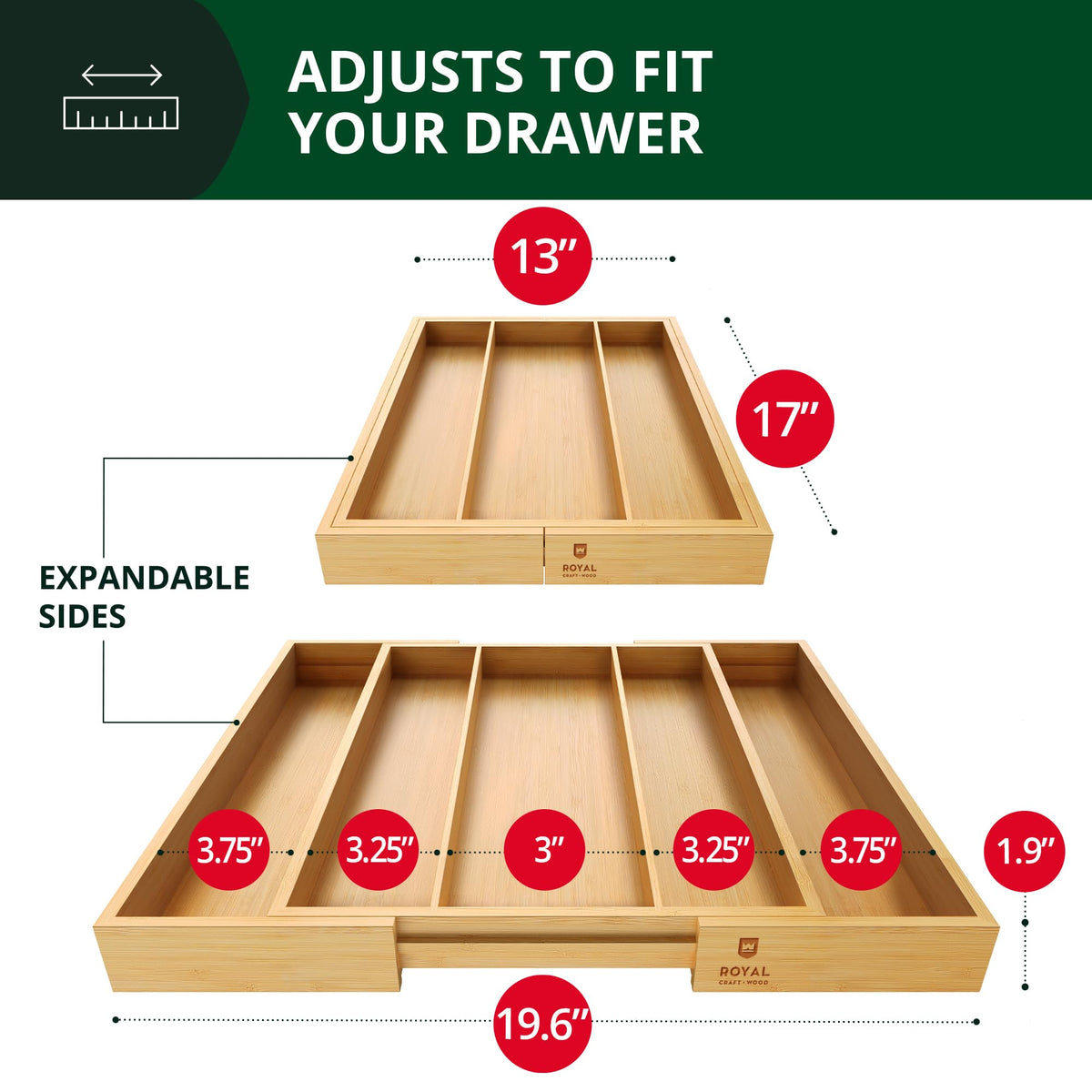 ROYAL CRAFT WOOD silverware tray with grooved dividers for easy access