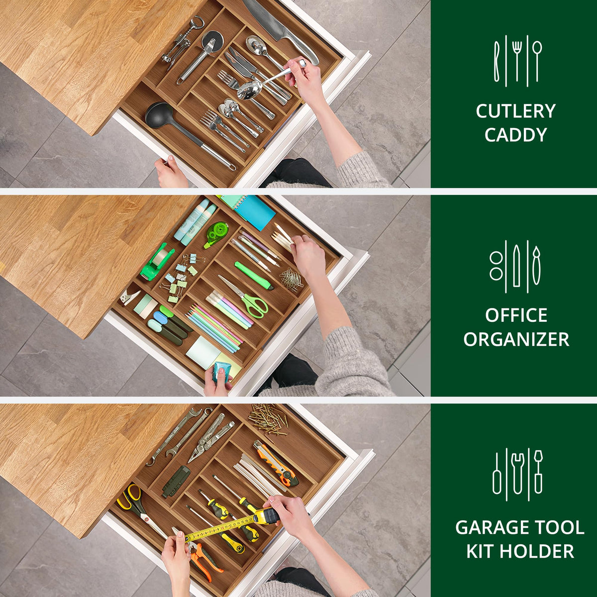 ROYAL CRAFT WOOD spatulas and ladles neatly stored in deep compartments.