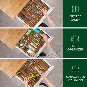 ROYAL CRAFT WOOD spatulas and ladles neatly stored in deep compartments.