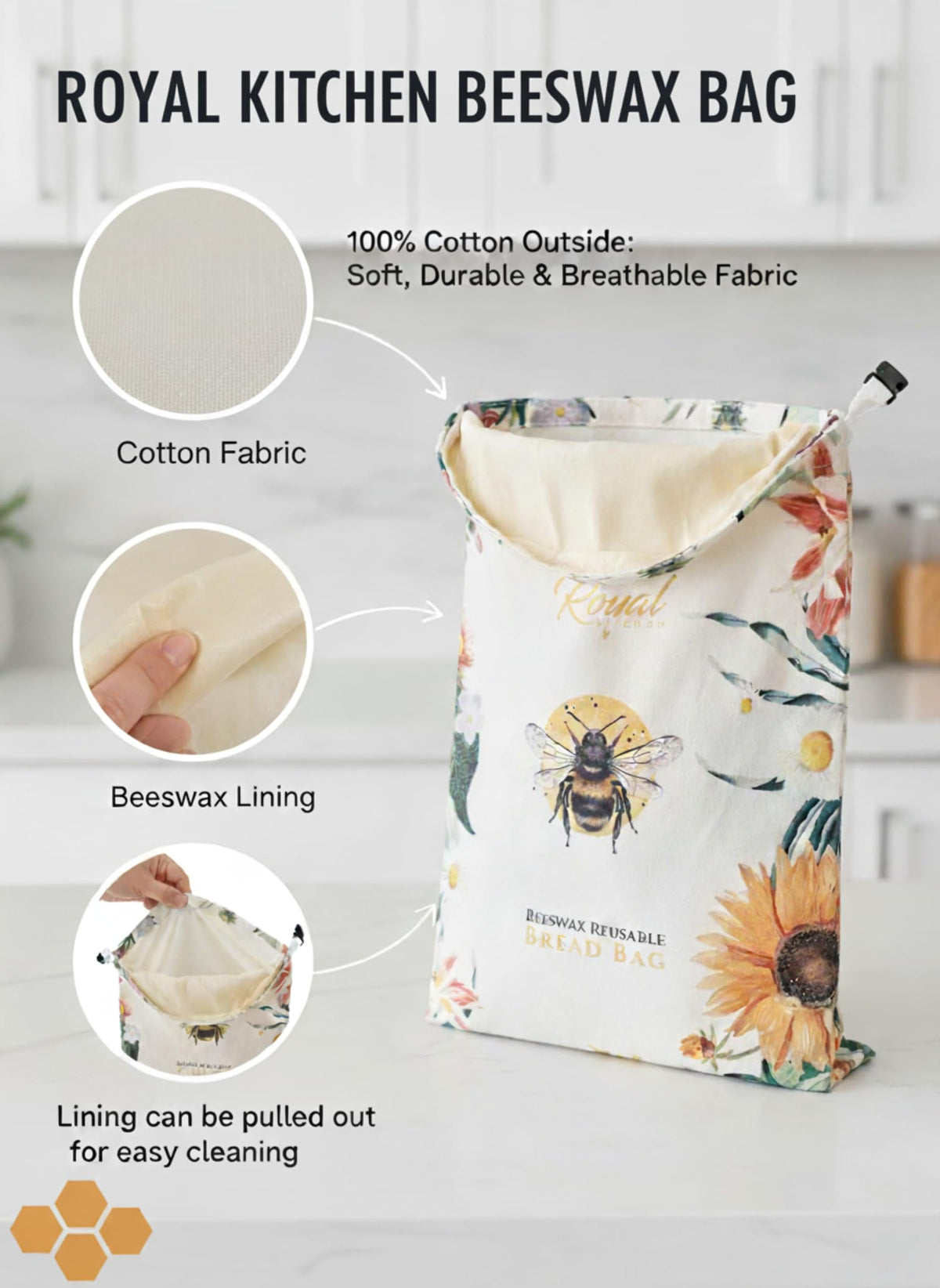 Royal Kitchen beeswax bread bag being wiped clean for easy maintenance