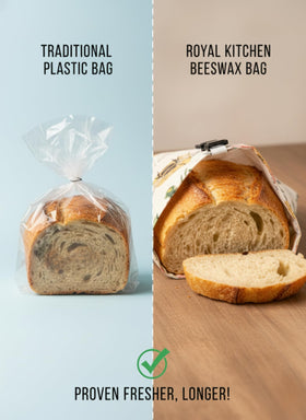 Royal Kitchen beeswax bread bag cradling croissants preserves flaky texture