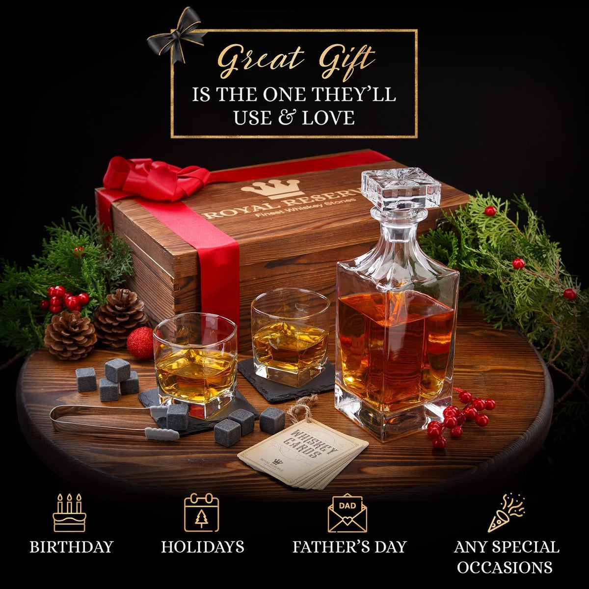 Royal Reserve whiskey decanter glasses set for refined tastings