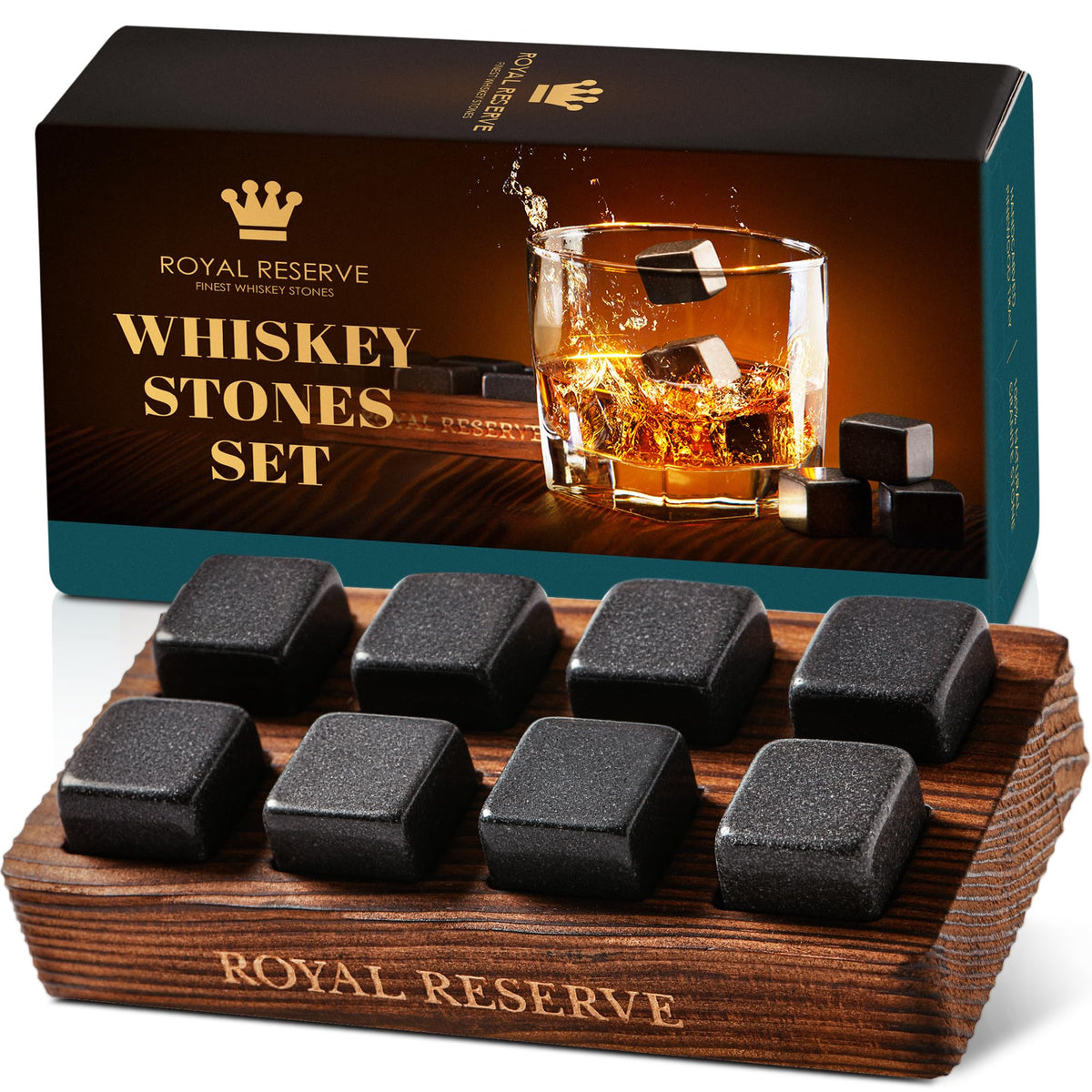 Royal Reserve whiskey stones 8-pack on a wooden tray for gifting