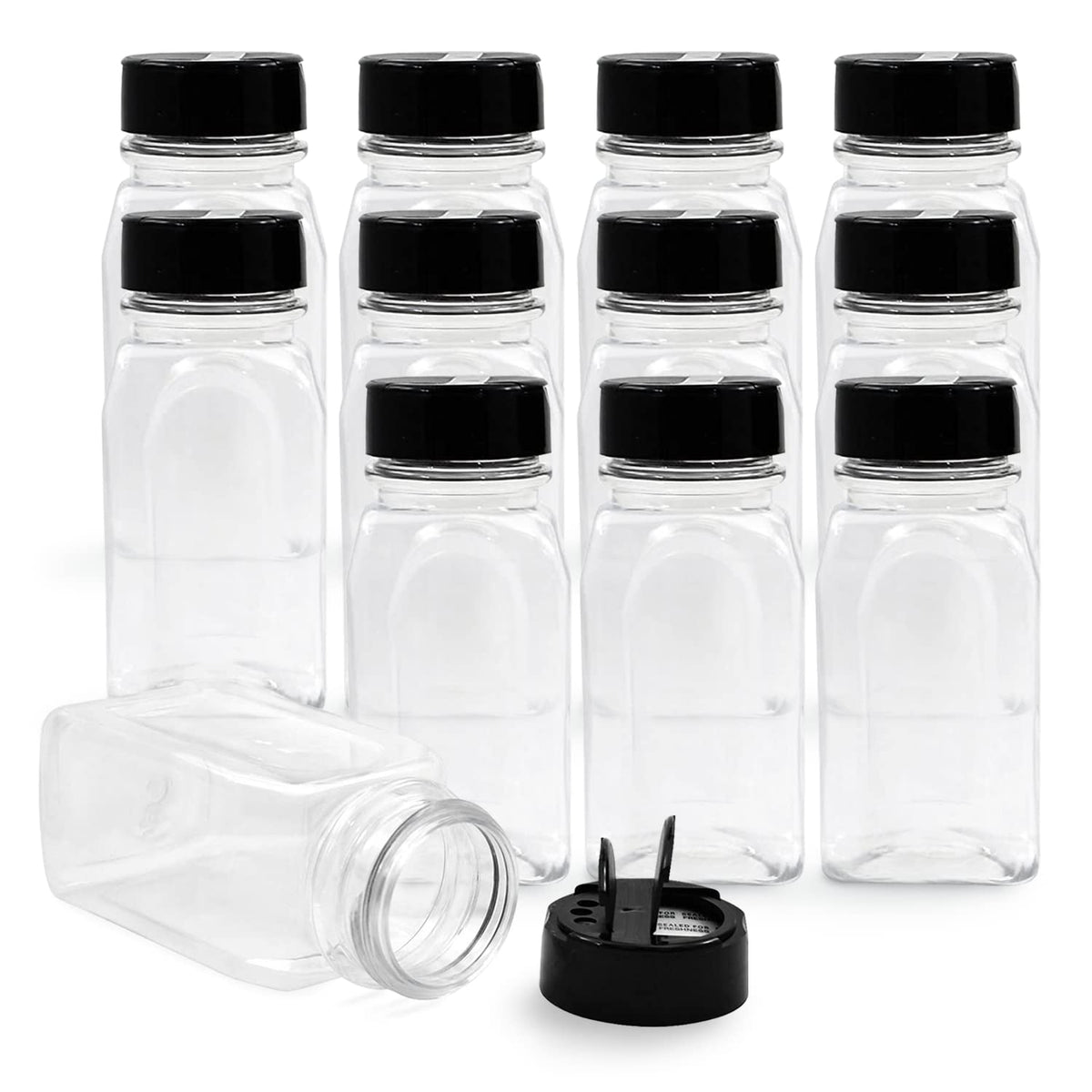 RoyalHouse 12-pack spice jars with black caps offer clear visibility for quick spice identification.