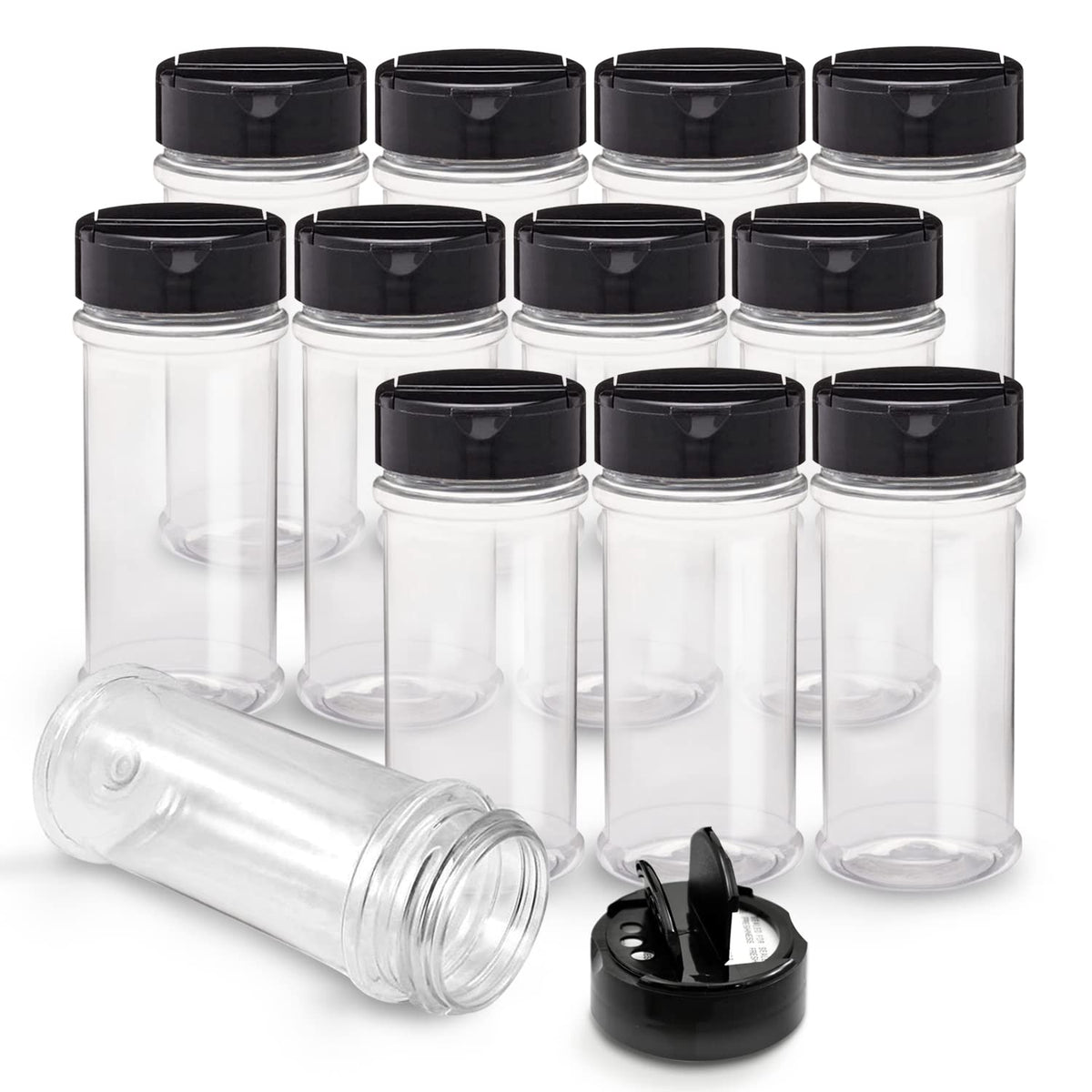 RoyalHouse 12-pack spice jars with black caps for organized kitchen storage.