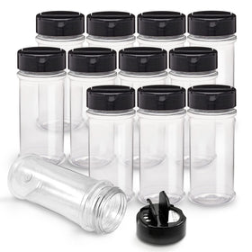 RoyalHouse 12-pack spice jars with black caps for organized kitchen storage.