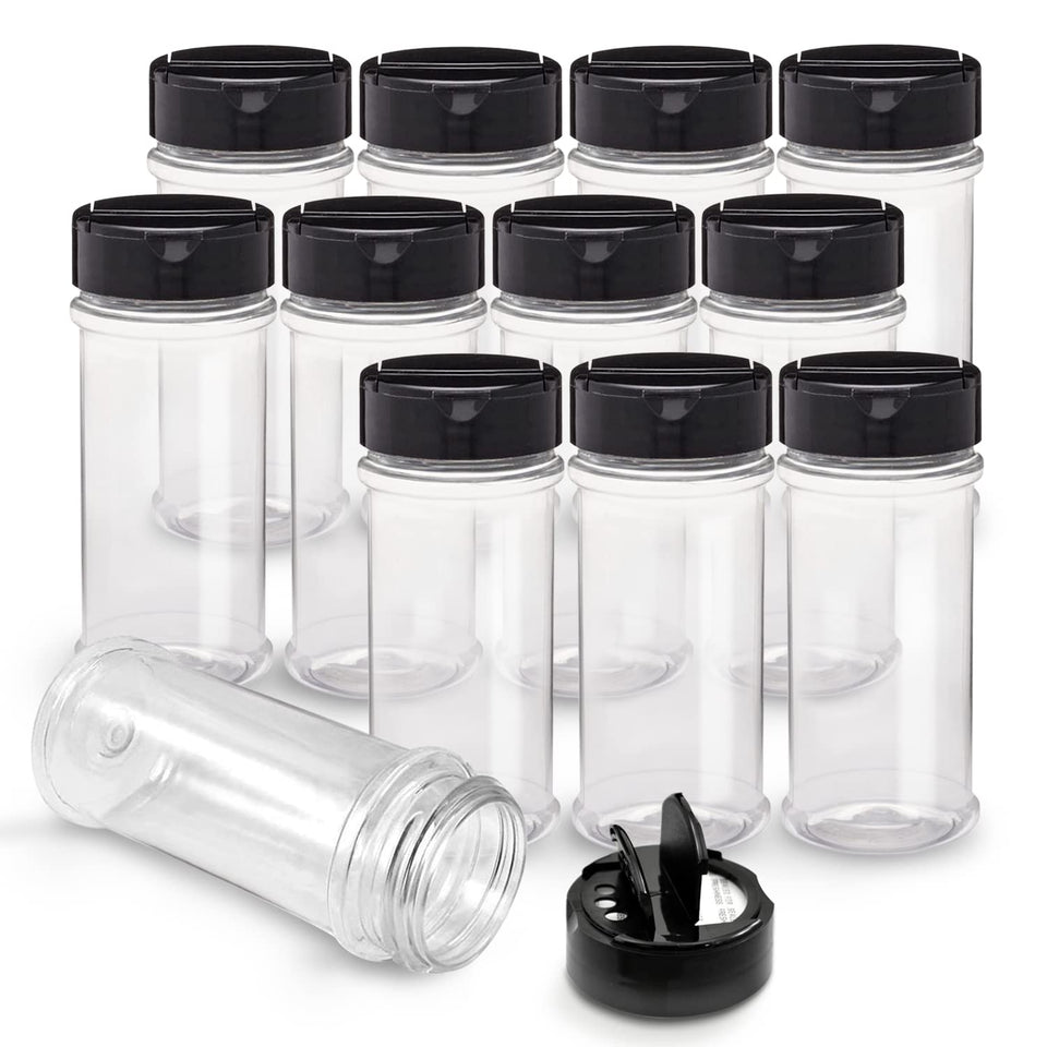 RoyalHouse 12-pack spice jars with black caps for organized kitchen storage.
