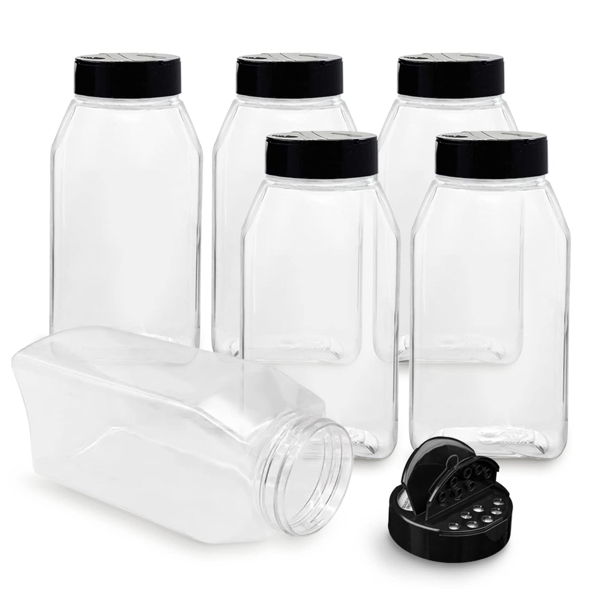 RoyalHouse 6-pack 32 oz spice jars with black caps for organized pantry storage.