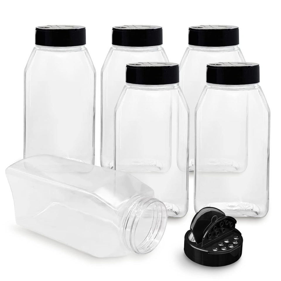 RoyalHouse 6-pack 32 oz spice jars with black caps for organized pantry storage.