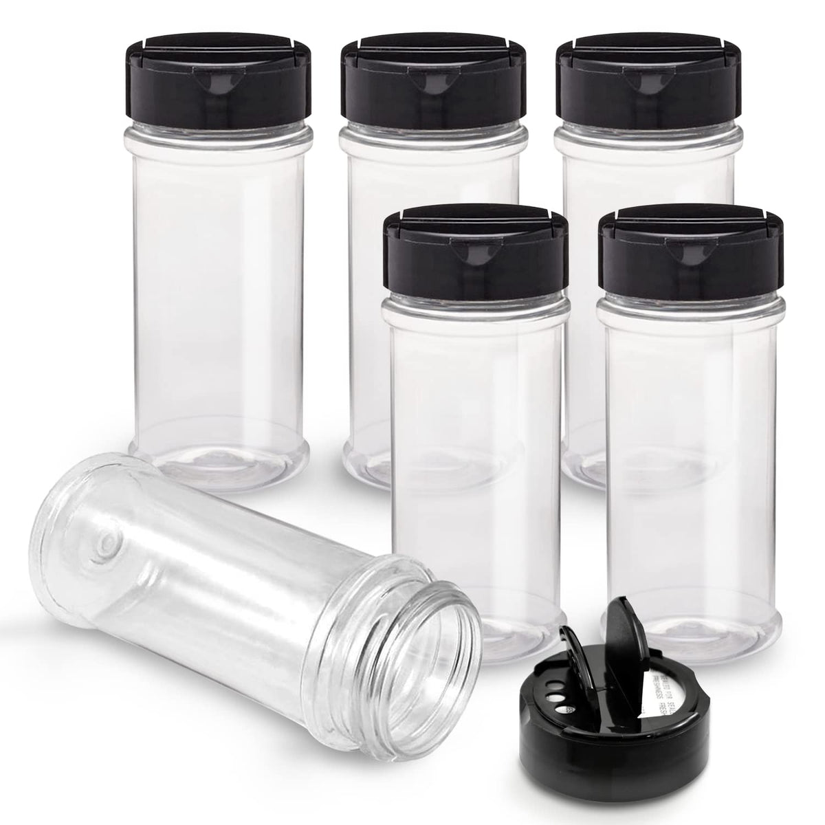 RoyalHouse 6-pack spice jars with black caps for organized pantry storage.