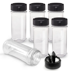 RoyalHouse 6-pack spice jars with black caps for organized pantry storage.
