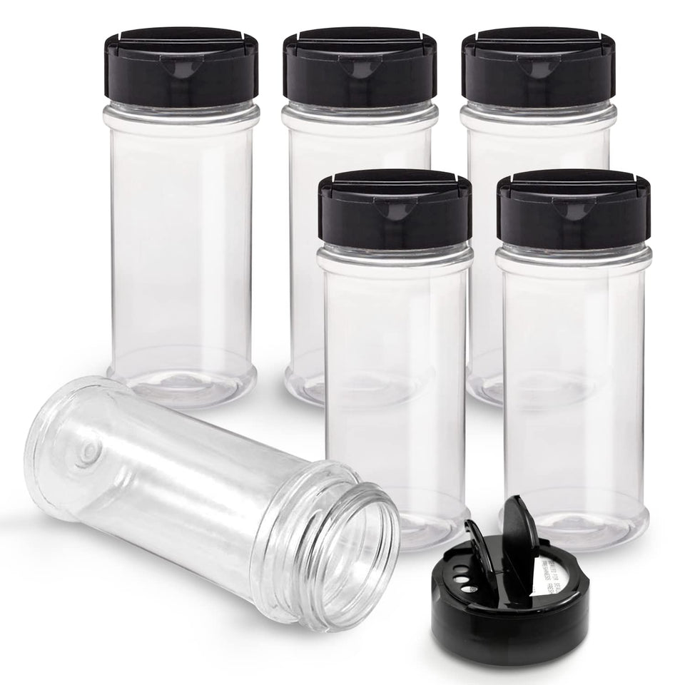 RoyalHouse 6-pack spice jars with black caps for organized pantry storage.