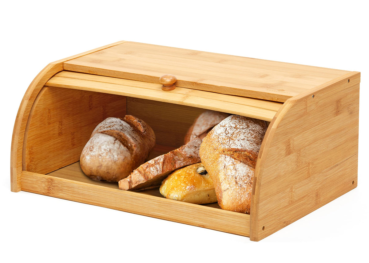 RoyalHouse bamboo bread box roll-top lid on kitchen counter