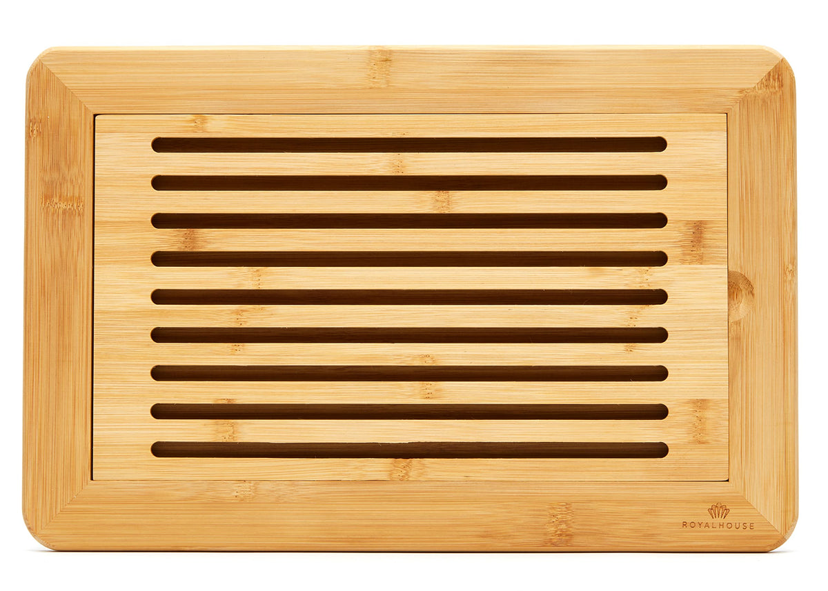 RoyalHouse bamboo bread cutting board with crumb tray close-up, durable and knife-friendly.
